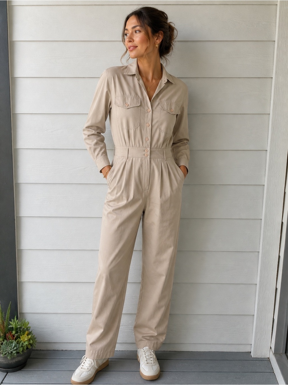 Architect Beige Utility Long-Sleeve Jumpsuit